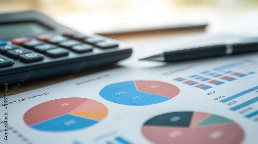 Poster a close-up of a financial document with multiple pie charts representing different financial metrics