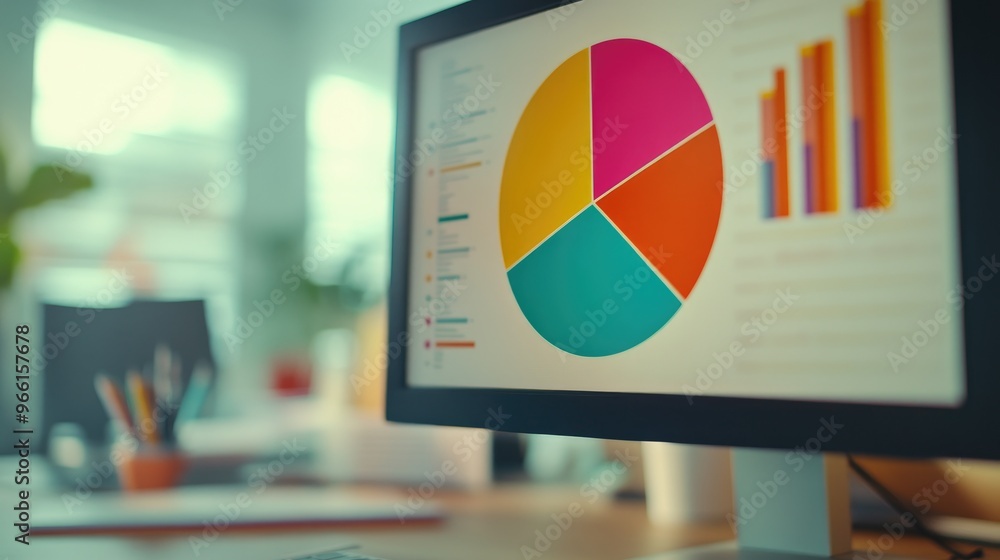 Poster a close-up of a financial pie chart on a computer screen, showcasing colorful segments representing 