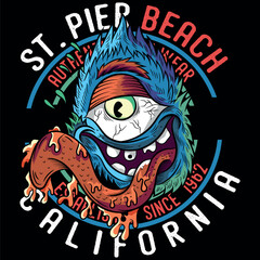 Illustration of a cyclops monster with its tongue sticking out and simulated slime. Urban design and tattoo with modern skateboard style texts. Colors and deformations in the texts.