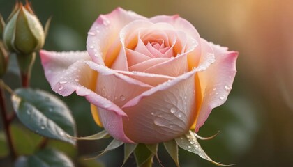 Pink Rose with Dew Drops in Soft Light 