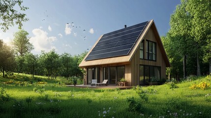Fototapeta premium Modern House with Solar Panels on the Roof - AI generated illustration
