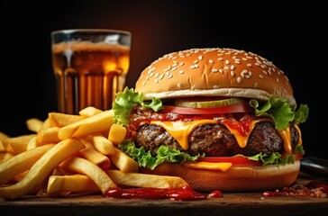A mouthwatering close-up of an oversized, juicy burger with fries and a cola on the side
