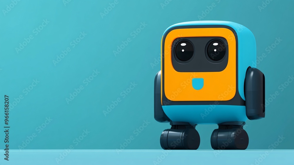 Aufkleber 3D render of a clay style delivery robot holding a package standing on a clean blank background Large space for text in center Stock Photo with copy space