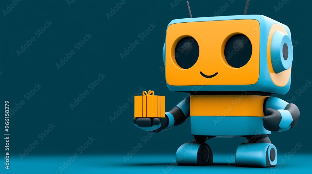 Aufkleber 3D render of a clay style delivery robot holding a package standing on a clean blank background Large space for text in center Stock Photo with copy space