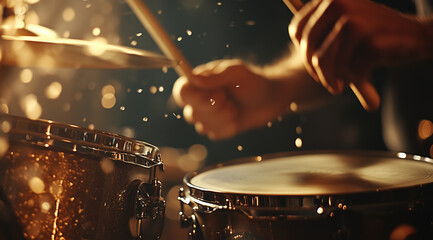 Naklejka premium Close-up of hands playing the snare drum, captured in a cinematic style with warm lighting. The focus is on the motion and detail of the fingers as they play the cymbals and snare.
