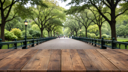 Urban Tranquility: An Empty Wooden Tabletop Overlooking a Softly Blurred View of Central Park's Lush Greenery