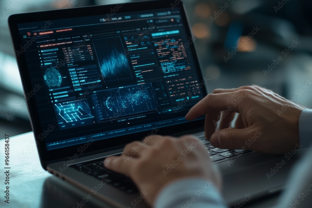 Poster close-up of a person's hand typing on a laptop with a screen displaying data, graphs, and code.