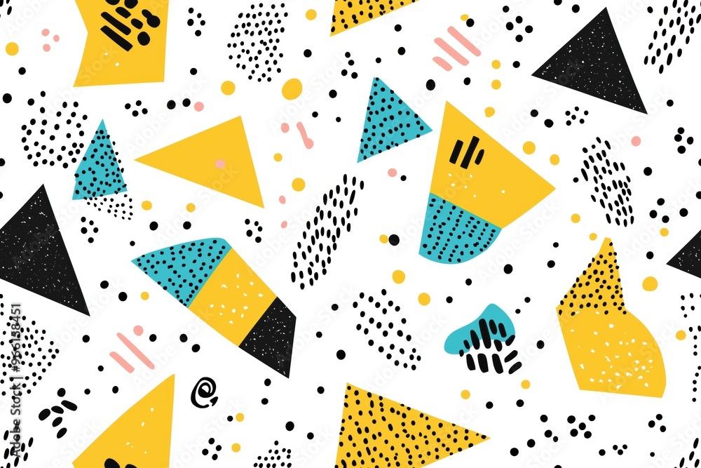 Poster a vibrant abstract memphis pattern featuring geometric shapes like triangles and circles in yellow, 