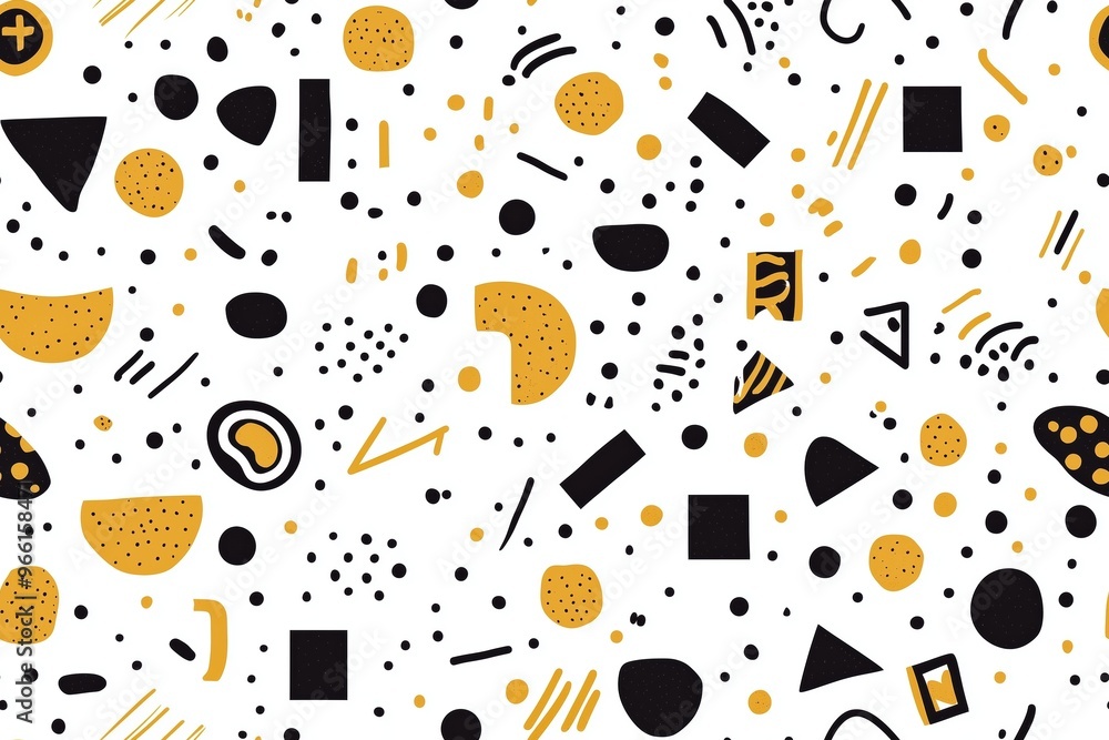 Poster a vibrant memphis pattern featuring various geometric shapes in black and yellow on a white backgrou