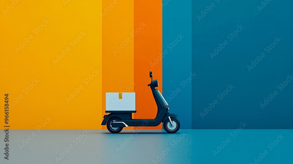 Aufkleber 3D render of a clay style electric scooter with a delivery box attached traveling on a smooth clean background Large space for text in center Stock Photo with copy space