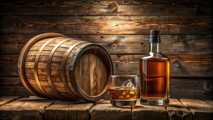 A rustic setting featuring a scotch whiskey bottle, glass, and old wooden barrel with empty space