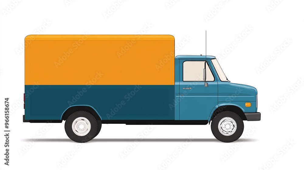 Poster 3D render cartoon style of a vibrant delivery truck with oversized wheels transporting packages isolated on a clean white background Large space for text in center Stock Photo with copy space