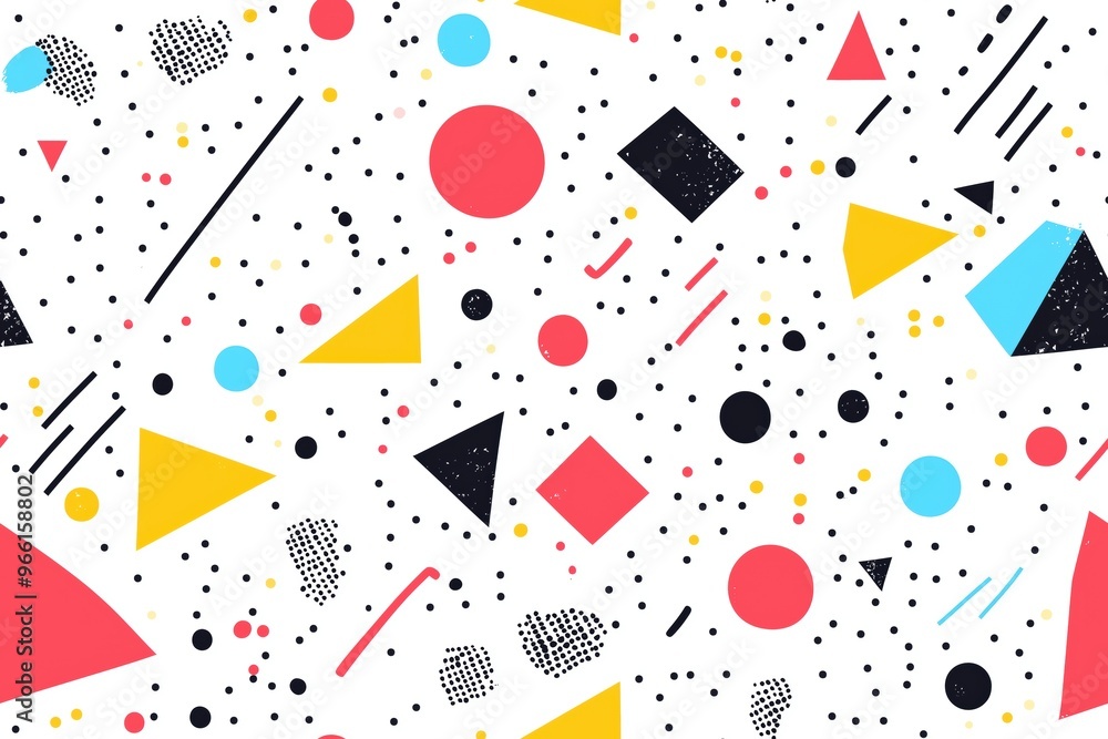 Poster a vibrant and playful abstract memphis pattern featuring various geometric shapes like triangles, ci