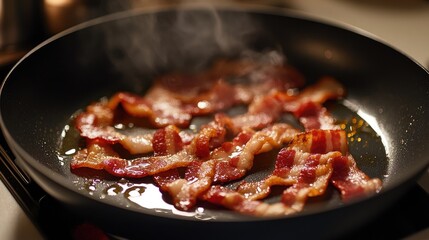 Fototapeta premium A close-up of a hot frying pan with crispy bacon sizzling, with droplets of oil and steam rising, set against a clean kitchen countertop.