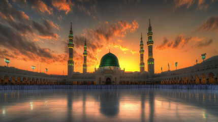 Fototapeta premium Nabawi Mosque at dusk, the light of the setting sun emits a golden orange color in the sky, the green dome of the Nabawi Mosque shines majestically, Ai generated images