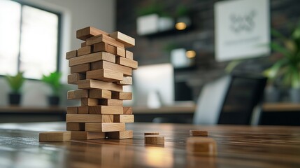 Wooden Jenga Blocks on Office Table with Copy Space Banner Mockup Background. AI generated illustration