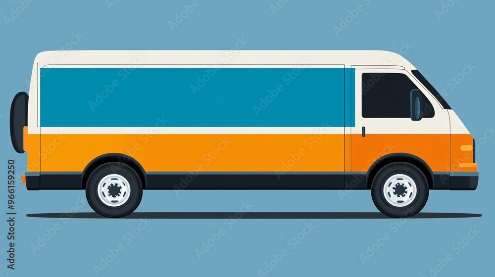Aufkleber Cartoon style delivery van with oversized wheels and a large package ready for transport isolated on a clean background 3D render Large space for text in center Stock Photo with copy space