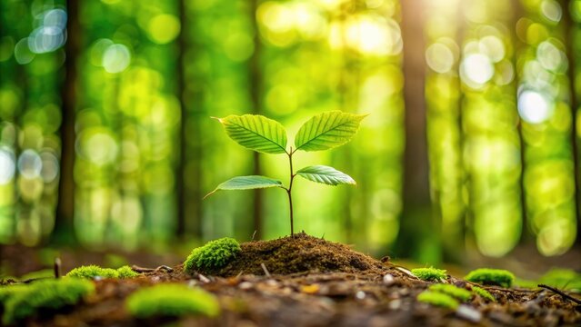 Young beech seedling growing in a lush forest setting