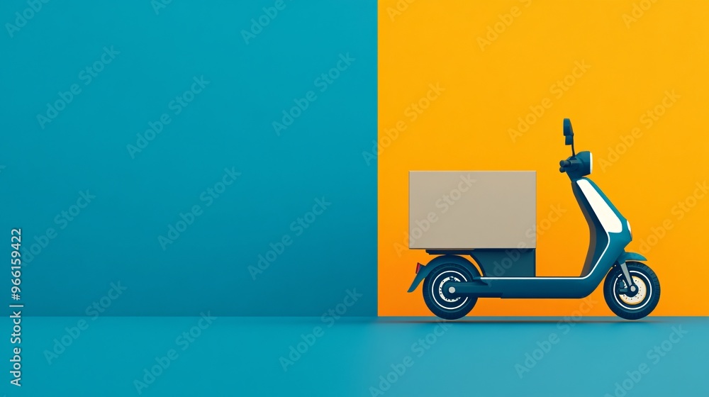 Poster Cartoon style electric scooter with a large delivery box traveling on a smooth clean surface isolated 3D render Large space for text in center Stock Photo with copy space