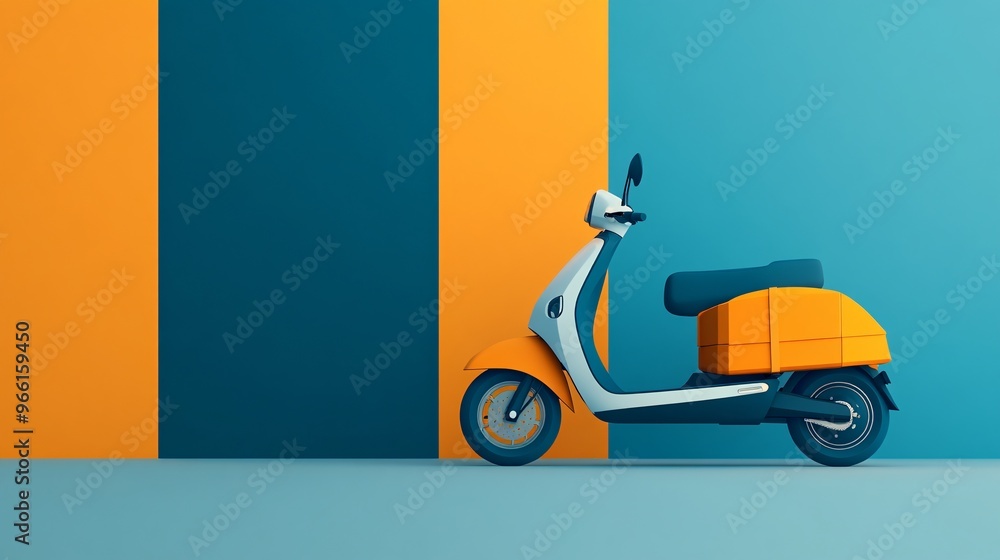 Aufkleber Cartoon style electric scooter with a large delivery box traveling on a smooth clean surface isolated 3D render Large space for text in center Stock Photo with copy space