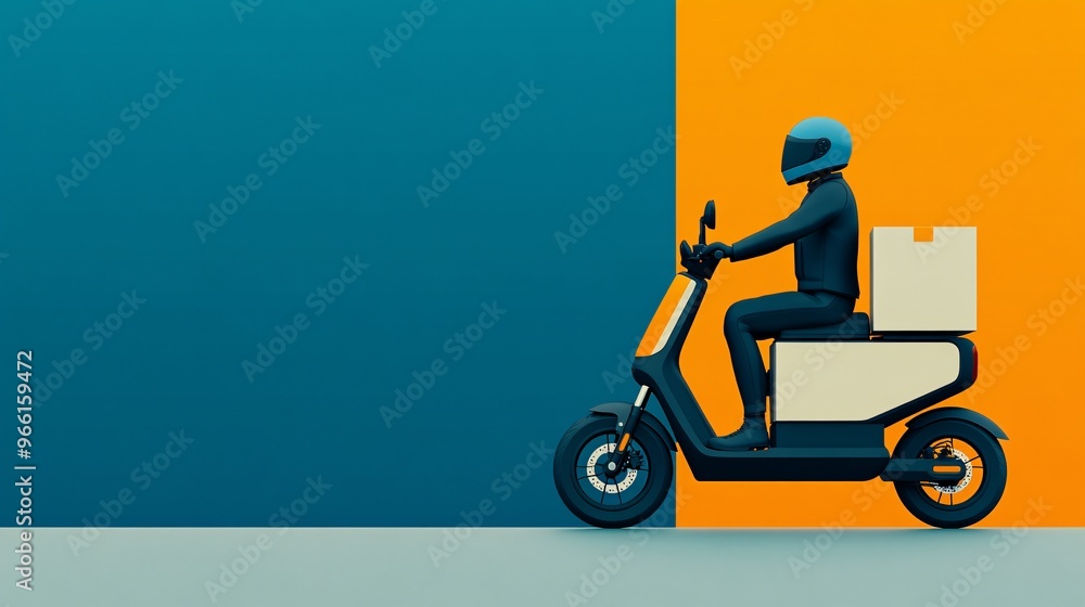 Poster Cartoon style electric scooter with a large delivery box traveling on a smooth clean surface isolated 3D render Large space for text in center Stock Photo with copy space