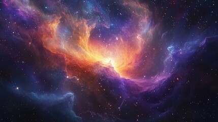 Fototapeta premium Bright, swirling colors of a nebula cloud deep in the galaxy, surrounded by twinkling stars and cosmic stardust.