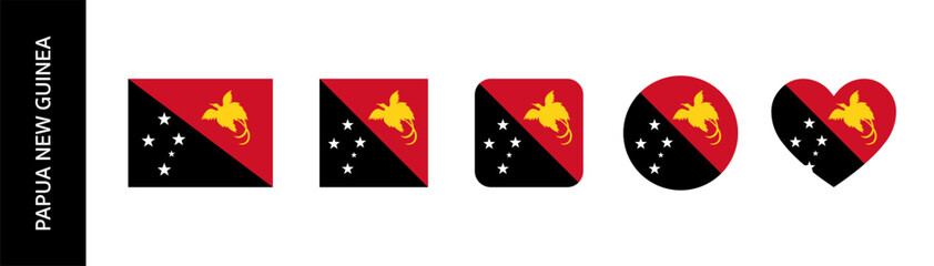 Papua New Guinea flag icon set. Papua New Guinean flag in round and square set. Flag of Papua New Guinea in heart and circle