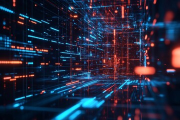 Futuristic, abstract digital tunnel with glowing blue and red lines.