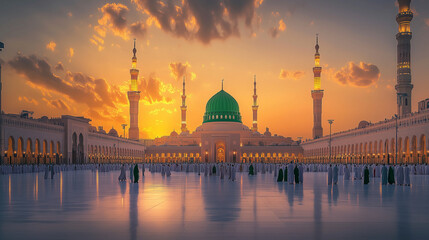 Nabawi Mosque at dusk, the light of the setting sun emits a golden orange color in the sky, the green dome of the Nabawi Mosque shines majestically, Ai generated images