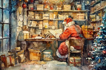 Santa Claus reading letters at a cozy wooden desk in a festive, snow-covered workshop, surrounded by presents and holiday decorations.