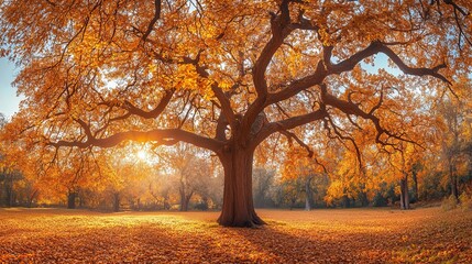Fototapeta premium Beautiful oak tree in the autumnal park. Panoramic view of the natural park in autumn