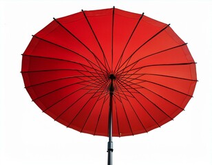 Red patio umbrella with a black pole, isolated on a white background.