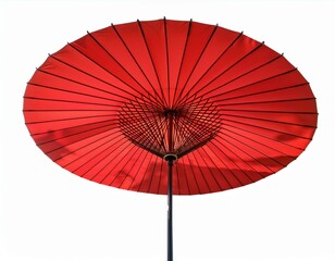 Red patio umbrella with a black pole, isolated on a white background.