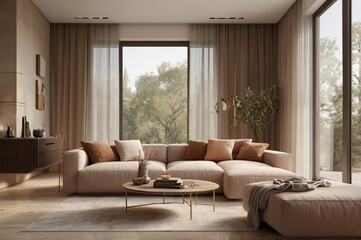 Modern living room, beige color scheme