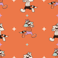 retro cartoon seamless pattern of a raccoon carrying a burger