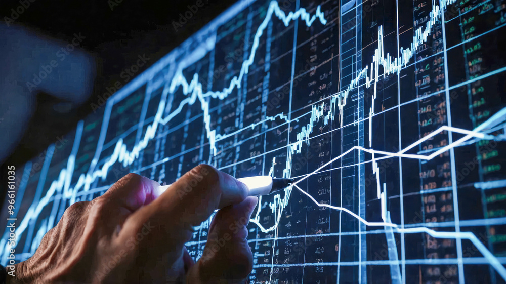 Poster a close-up of a hand with a stylus interacting with a digital stock chart, representing market data 