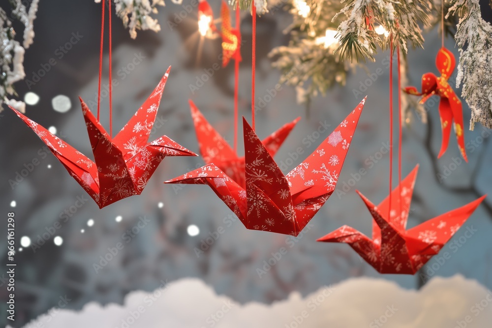 Poster Three red origami cranes hanging from a snowy tree, decorated with white snowflake patterns. The background features a soft, blurred winter scene with lights.