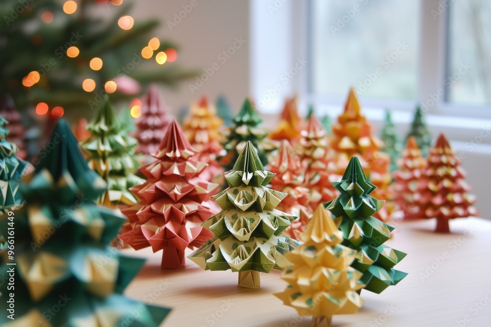 Poster a collection of colorful origami christmas trees in various sizes, displayed on a table. the backgro