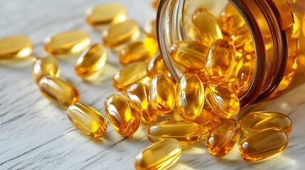 Golden Yellow Fish Oil Softgels Spilling from Open Bottle - Detailed High-Resolution Image on White Background