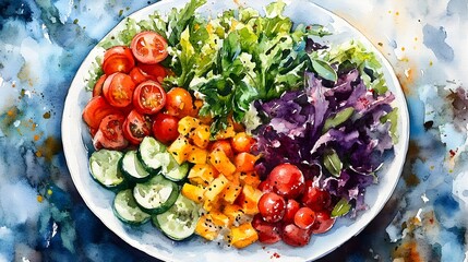 Watercolor Painting of a Vibrant Plant-Based Meal on Artfully Arranged Plate