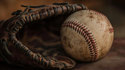 Fototapeta premium A well-worn baseball resting in a brown leather glove.
