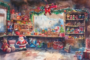 Fototapeta premium Colorful Christmas toy workshop filled with toys and festive decorations, featuring Santa Claus organizing gifts.