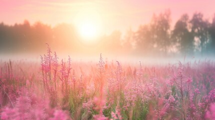 A field of pink flowers with a pink and orange sky in the background