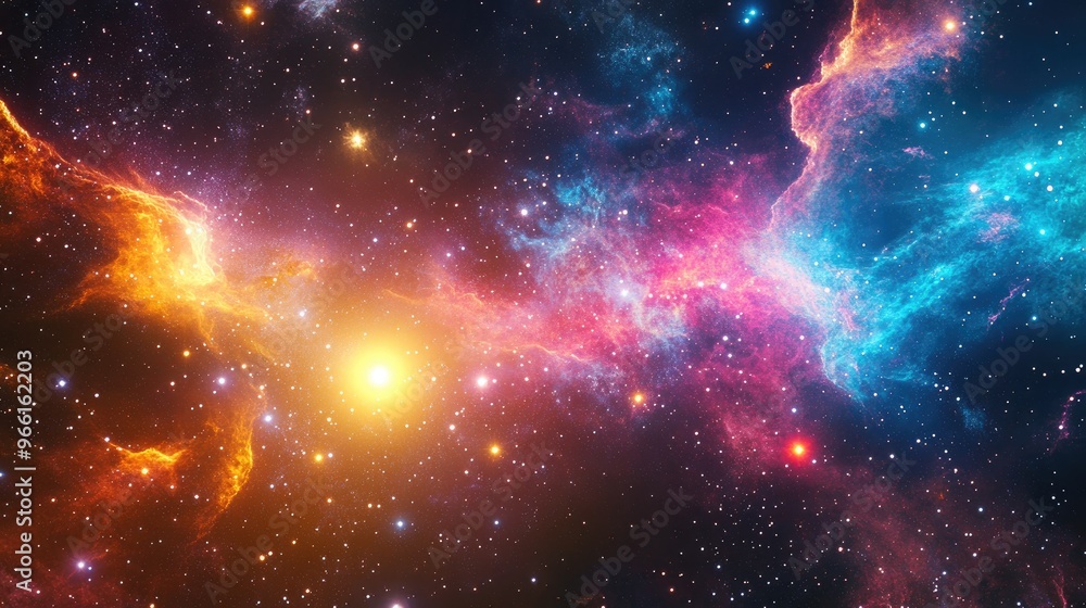 Poster cosmic view of a colorful nebula with bright stars and swirling space dust in the universe, creating