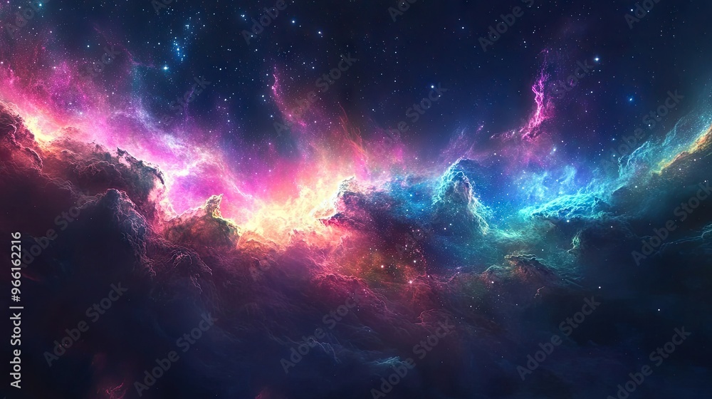 Poster cosmic view of a colorful nebula with bright stars and swirling space dust in the universe, creating