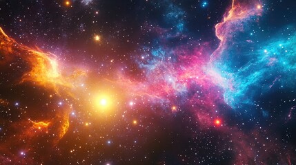 Fototapeta premium Cosmic view of a colorful nebula with bright stars and swirling space dust in the universe, creating a surreal night sky scene.