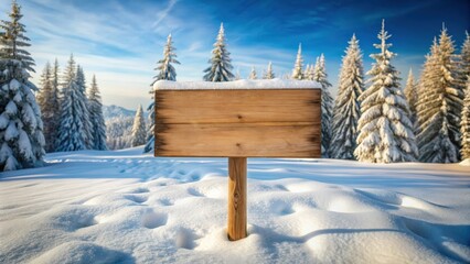 Naklejka premium Wooden sign covered in snow in a winter landscape background