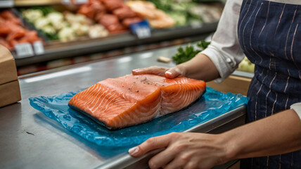 A chef expertly slicing a fresh salmon fillet on a cutting board..