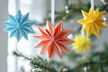 Colorful paper star ornaments hanging from a Christmas tree, featuring blue, yellow, and coral colors. The background is softly blurred, highlighting the decorations.