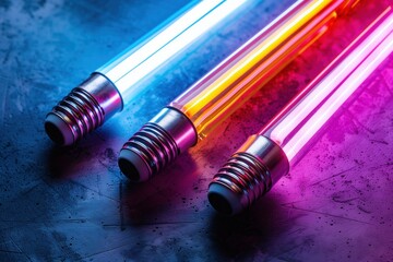 Three neon lights are lit up in different colors